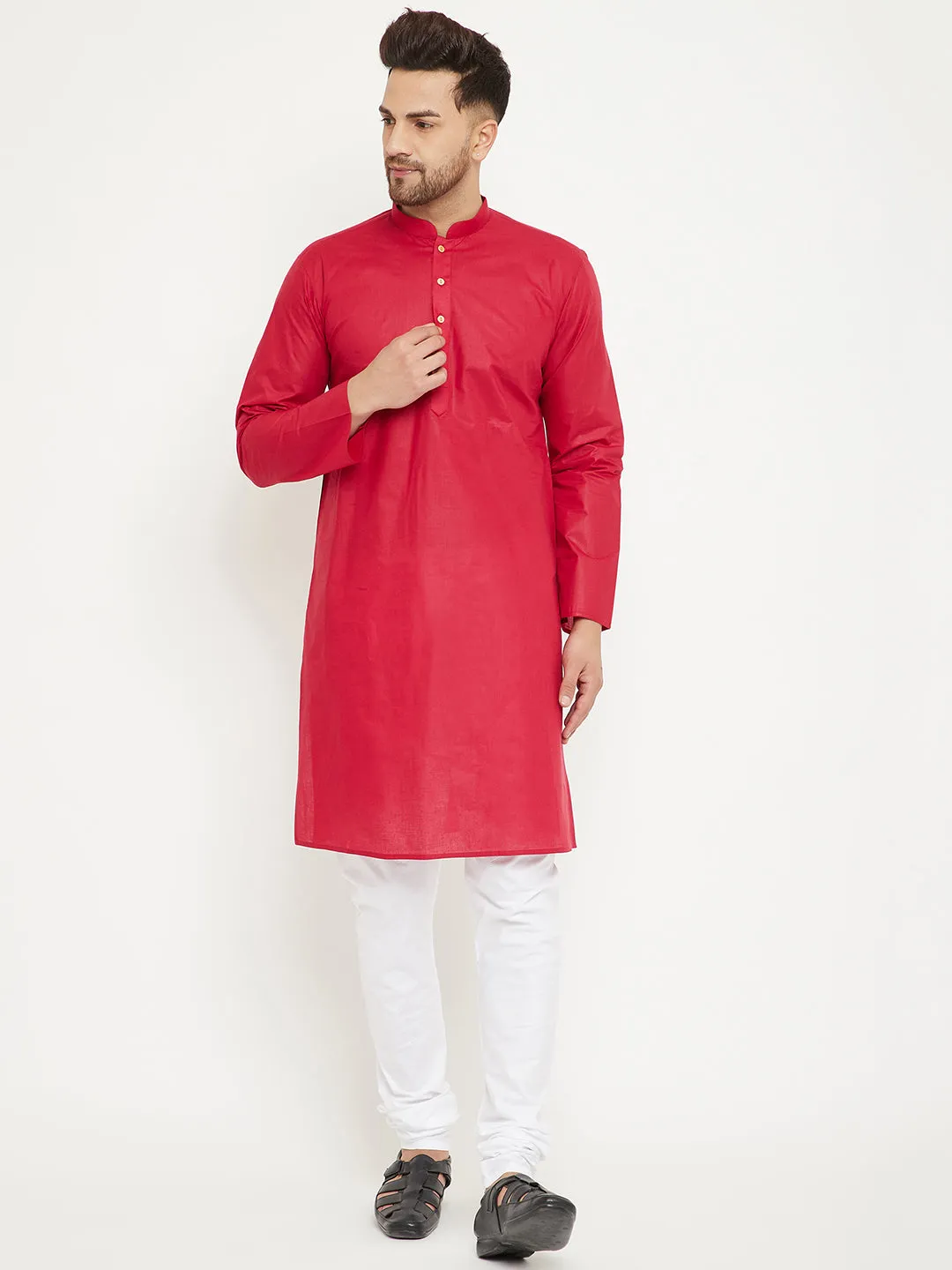 Jashvi Men's Red And White Cotton Kurta Churidar Set