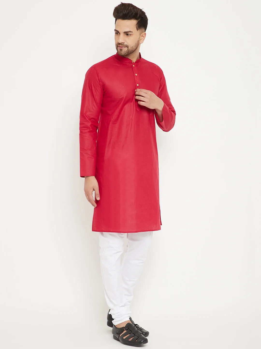Jashvi Men's Red And White Cotton Kurta Churidar Set
