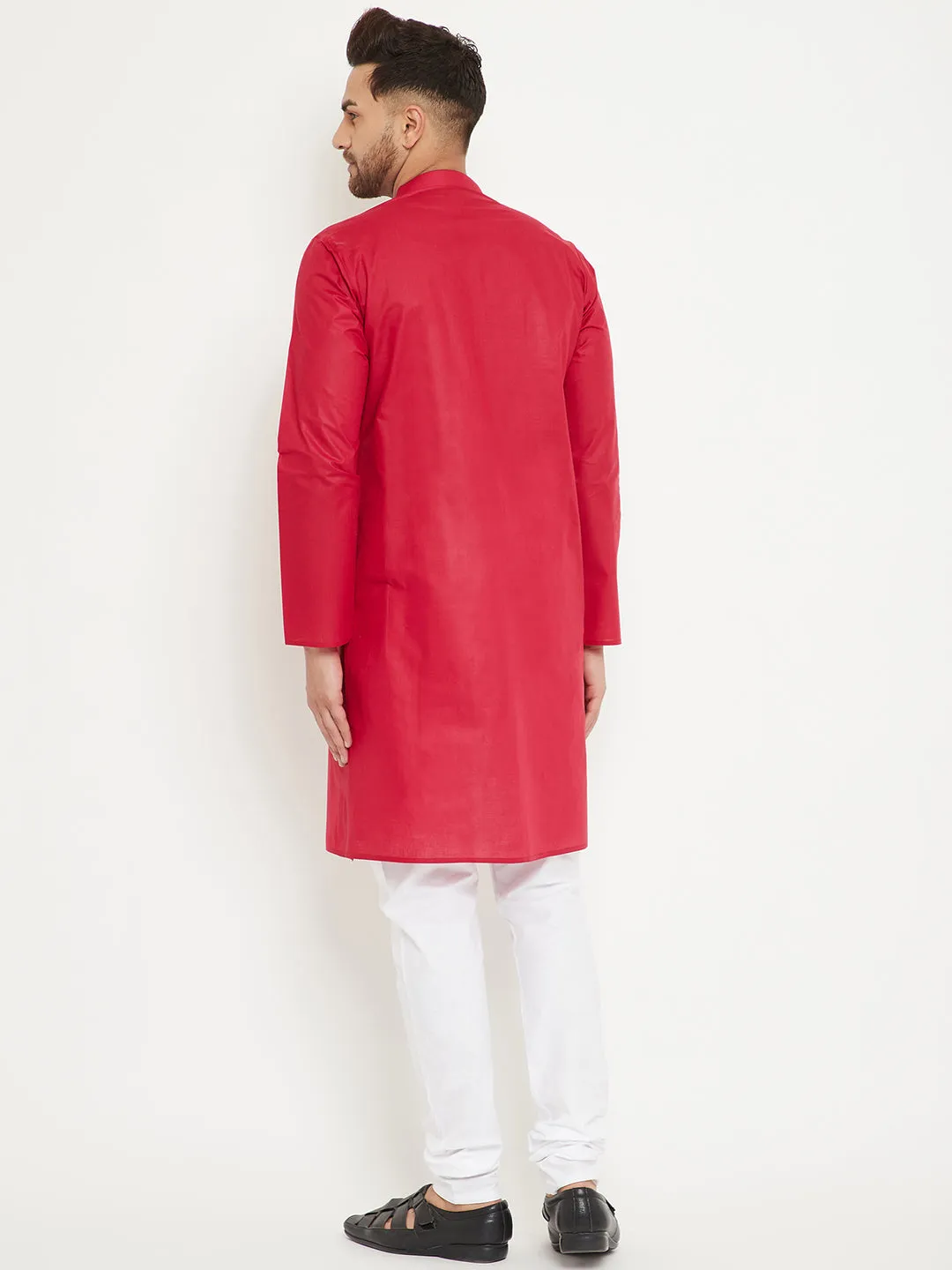 Jashvi Men's Red And White Cotton Kurta Churidar Set