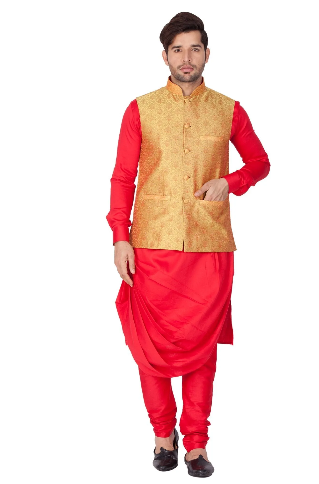 Jashvi Men's Red Cotton Silk Blend Kurta, Golden Ethnic Jacket and Churidar Set