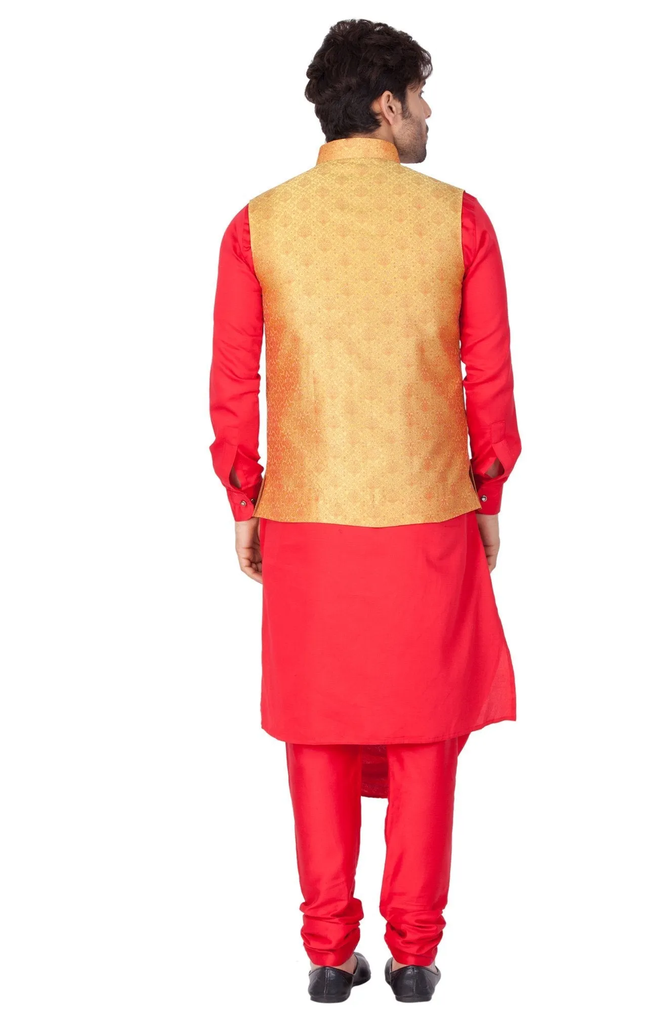 Jashvi Men's Red Cotton Silk Blend Kurta, Golden Ethnic Jacket and Churidar Set