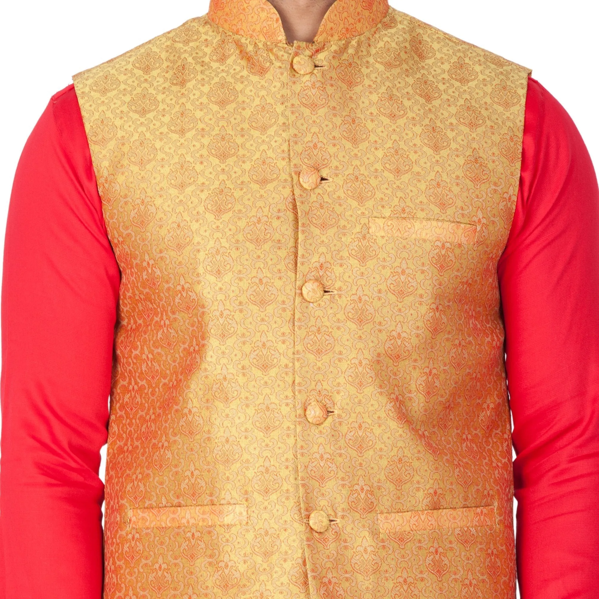 Jashvi Men's Red Cotton Silk Blend Kurta, Golden Ethnic Jacket and Churidar Set