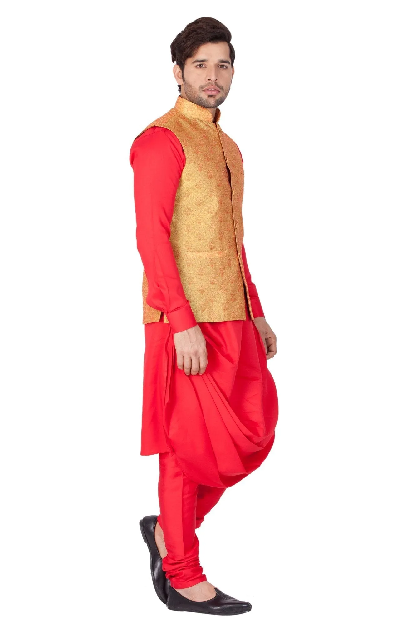 Jashvi Men's Red Cotton Silk Blend Kurta, Golden Ethnic Jacket and Churidar Set