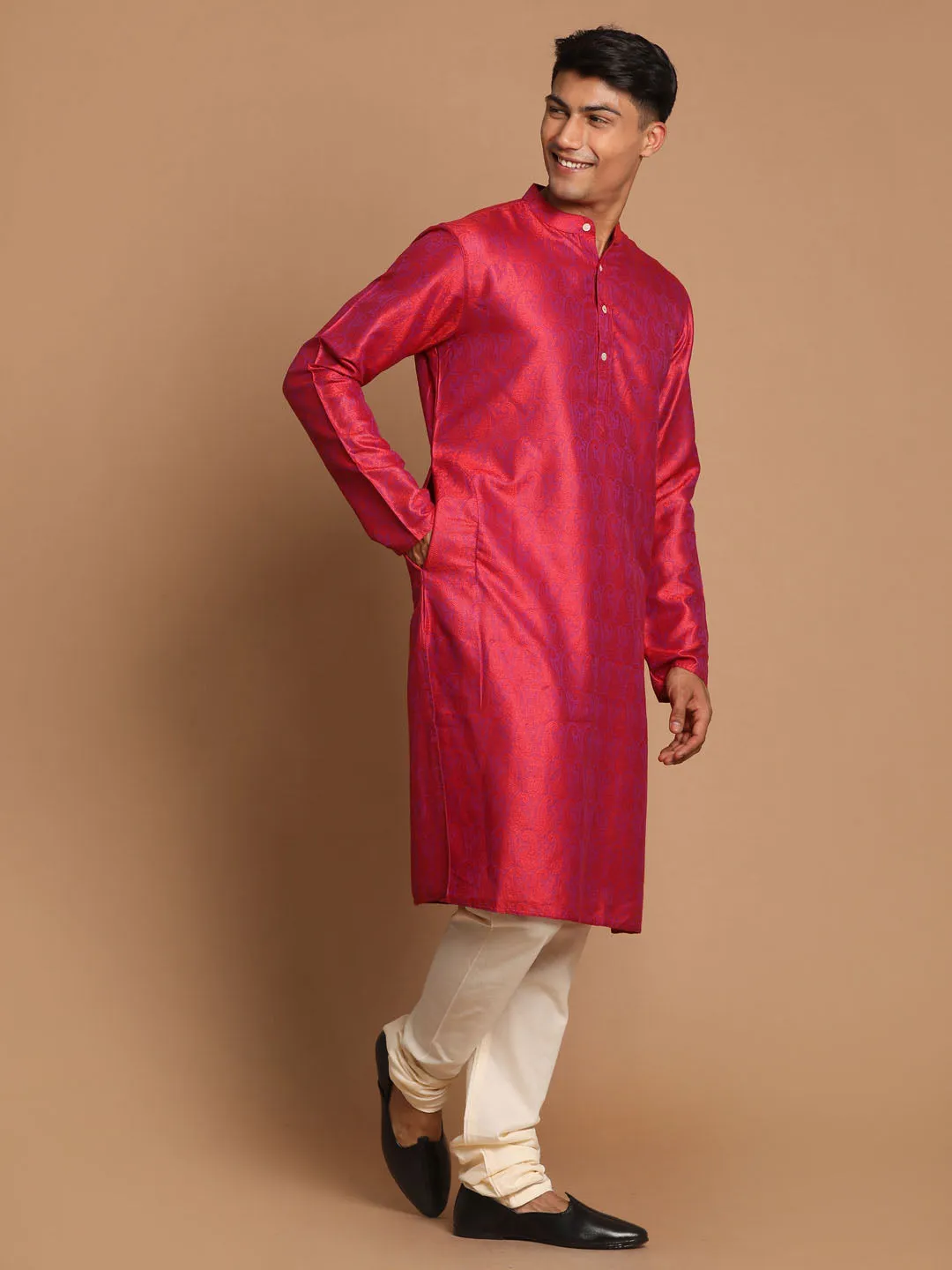 Jashvi Men's Red Paisley Brocade Silk Kurta And Solid Pyjama Set