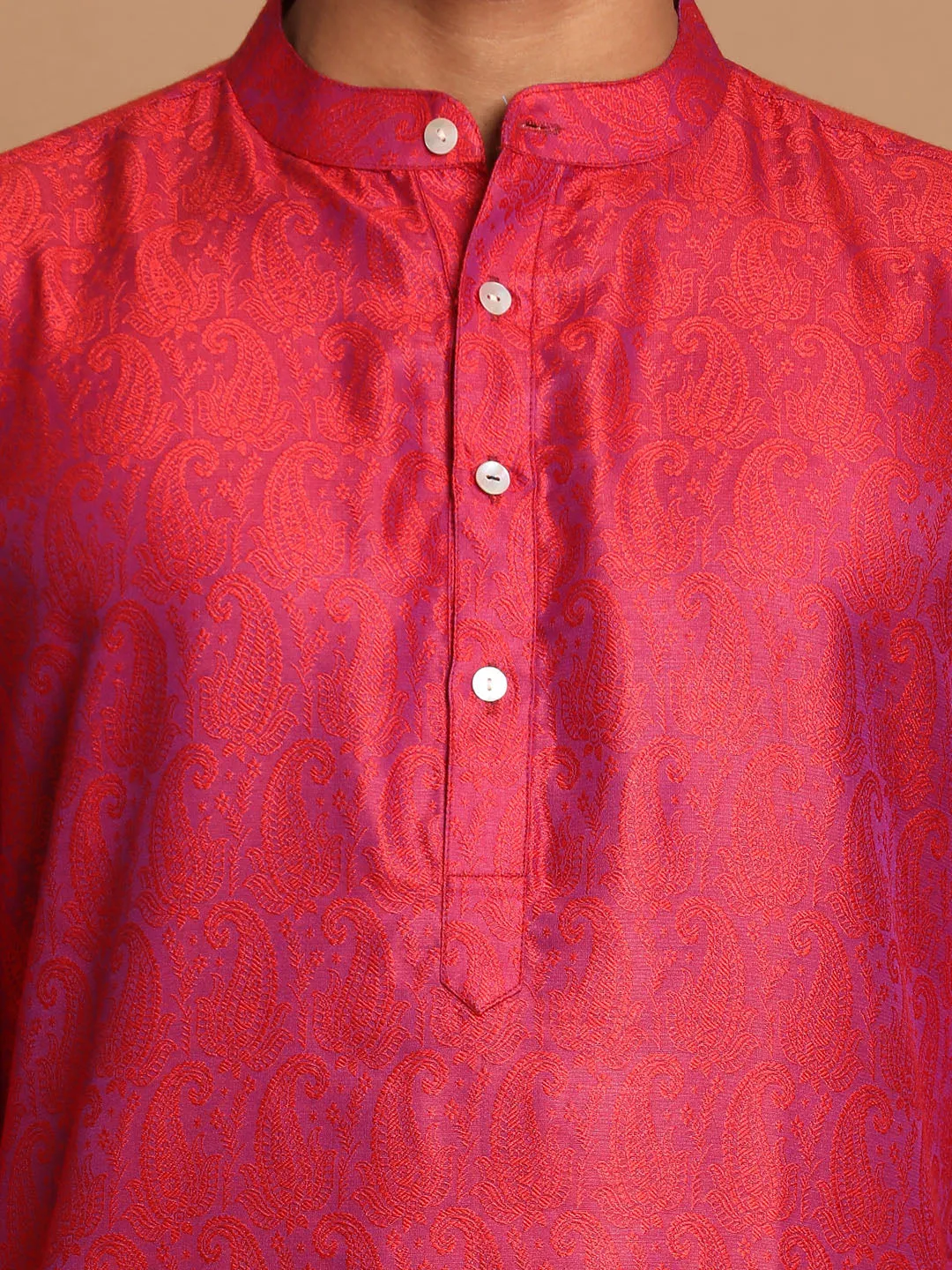Jashvi Men's Red Paisley Brocade Silk Kurta And Solid Pyjama Set