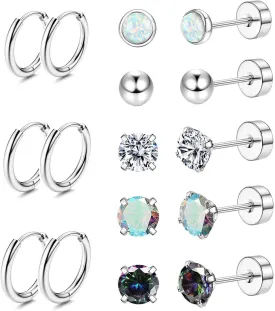 Jstyle Surgical Steel Earrings for Sensitive Ears Hypoallergenic 20G Stainless Steel Stud Hoop Earrings for Women Men Small Opal Ball CZ Surgical Steel Flat Back Earrings Cartilage Earrings Hoop Stud