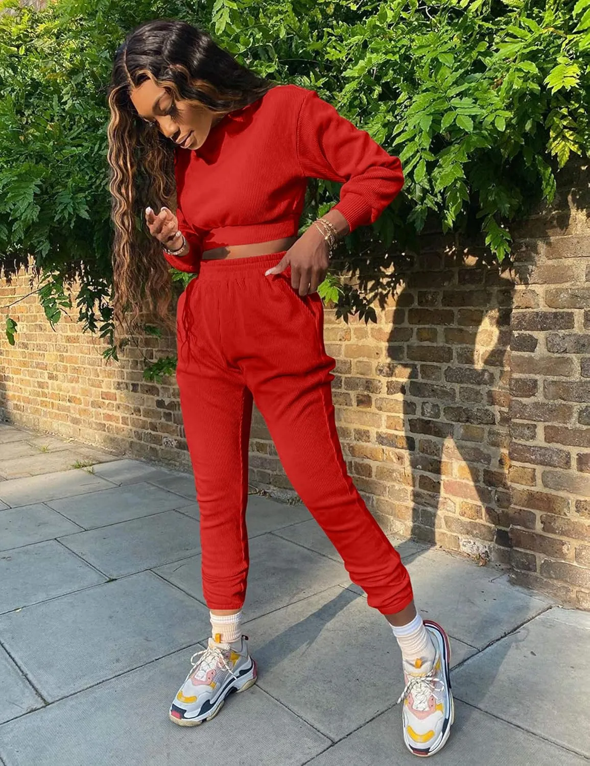 Mizoci Women's 2 Piece Outfits Lounge Jogger sets Long Sleeve Crop Top Pant Sweat Suit Tracksuit