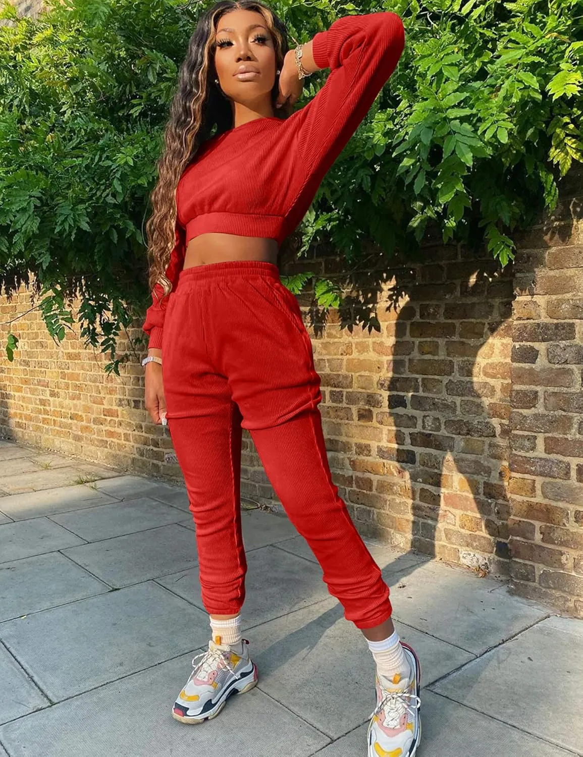 Mizoci Women's 2 Piece Outfits Lounge Jogger sets Long Sleeve Crop Top Pant Sweat Suit Tracksuit