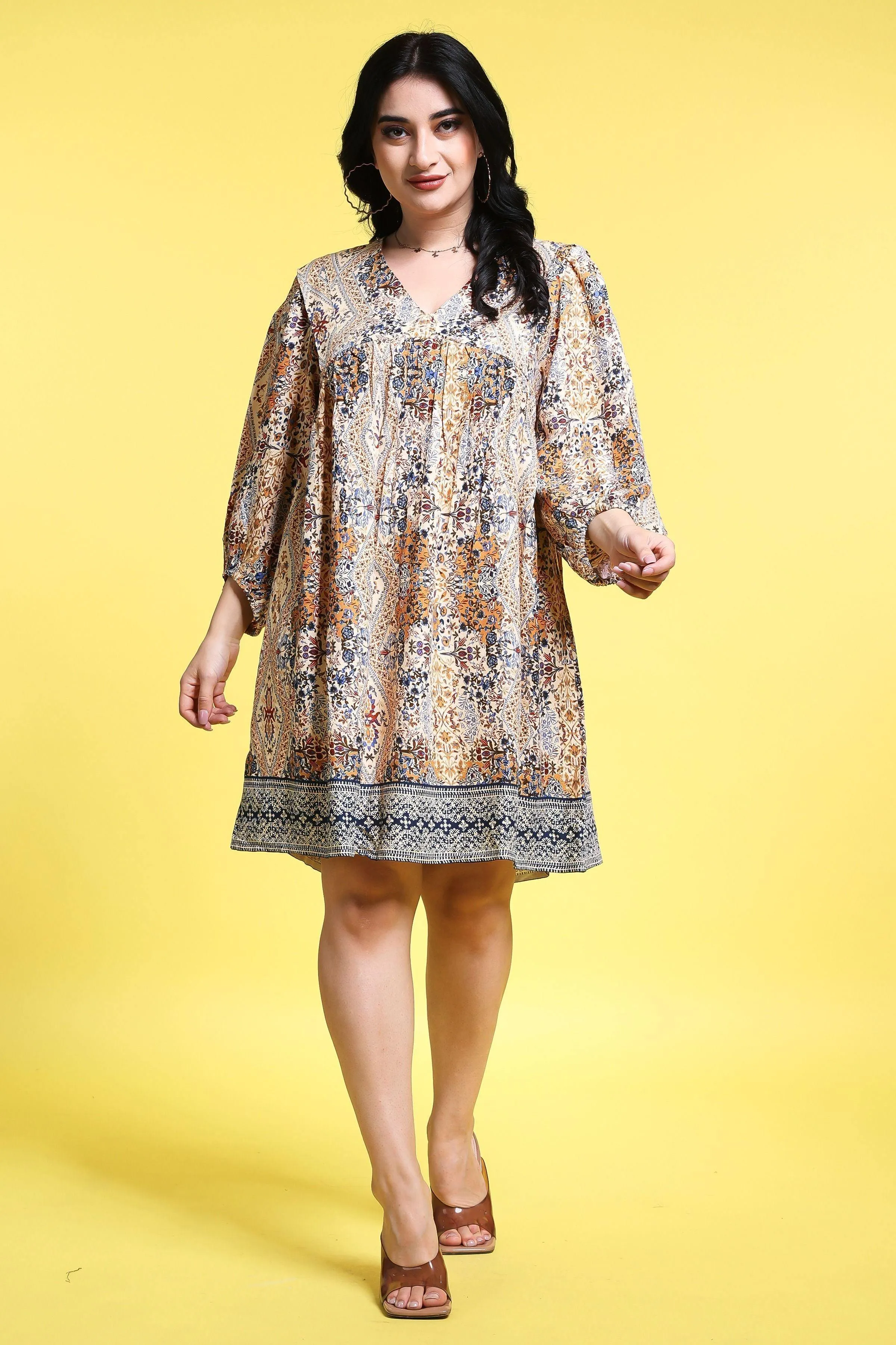Multi Abstract Printed Beige Dress