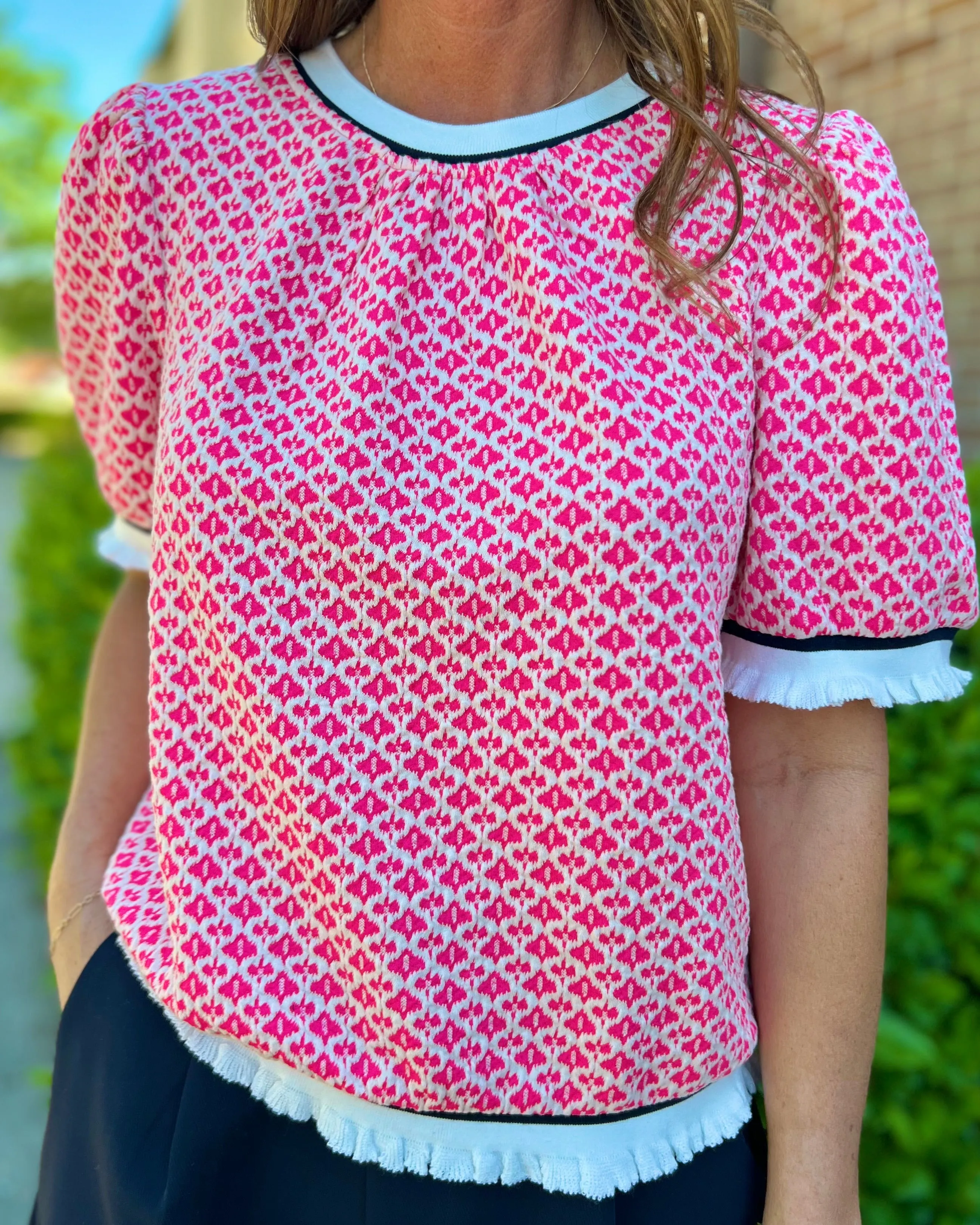 Pretty In Pink Bubble Sleeve Printed Knit Top