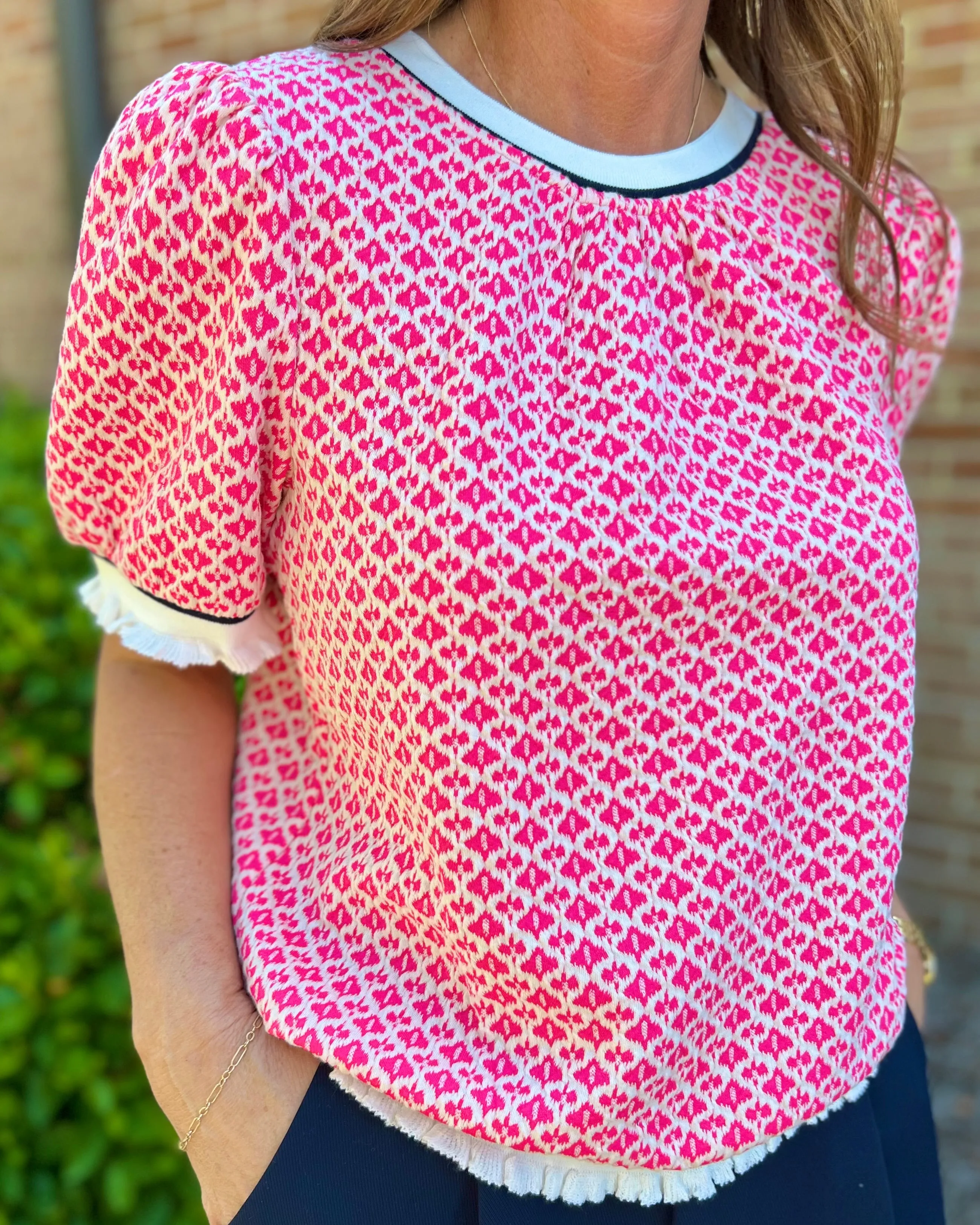 Pretty In Pink Bubble Sleeve Printed Knit Top