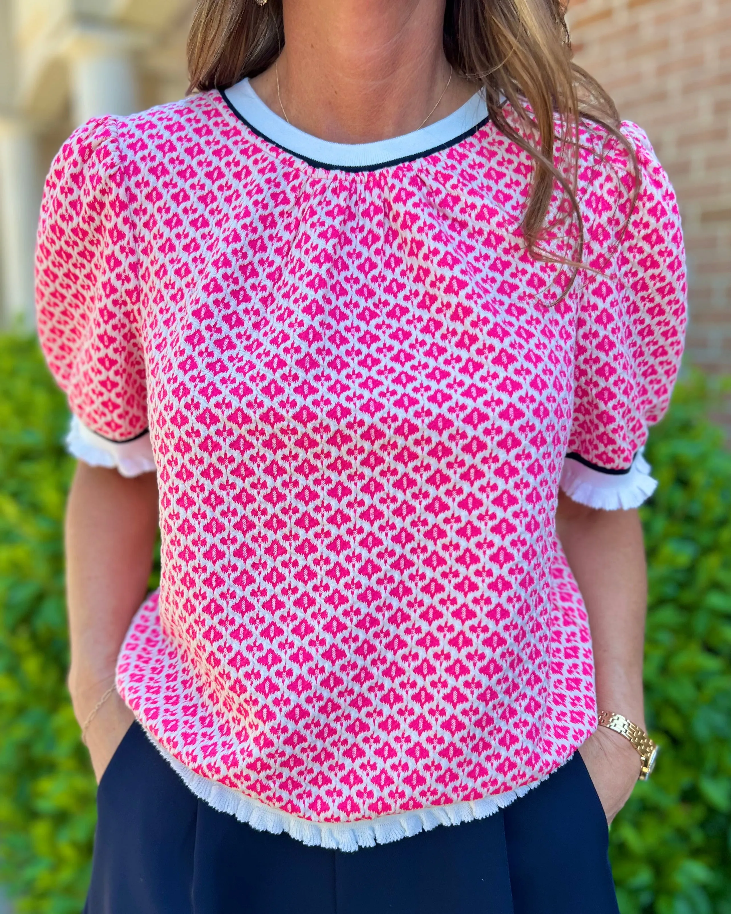 Pretty In Pink Bubble Sleeve Printed Knit Top