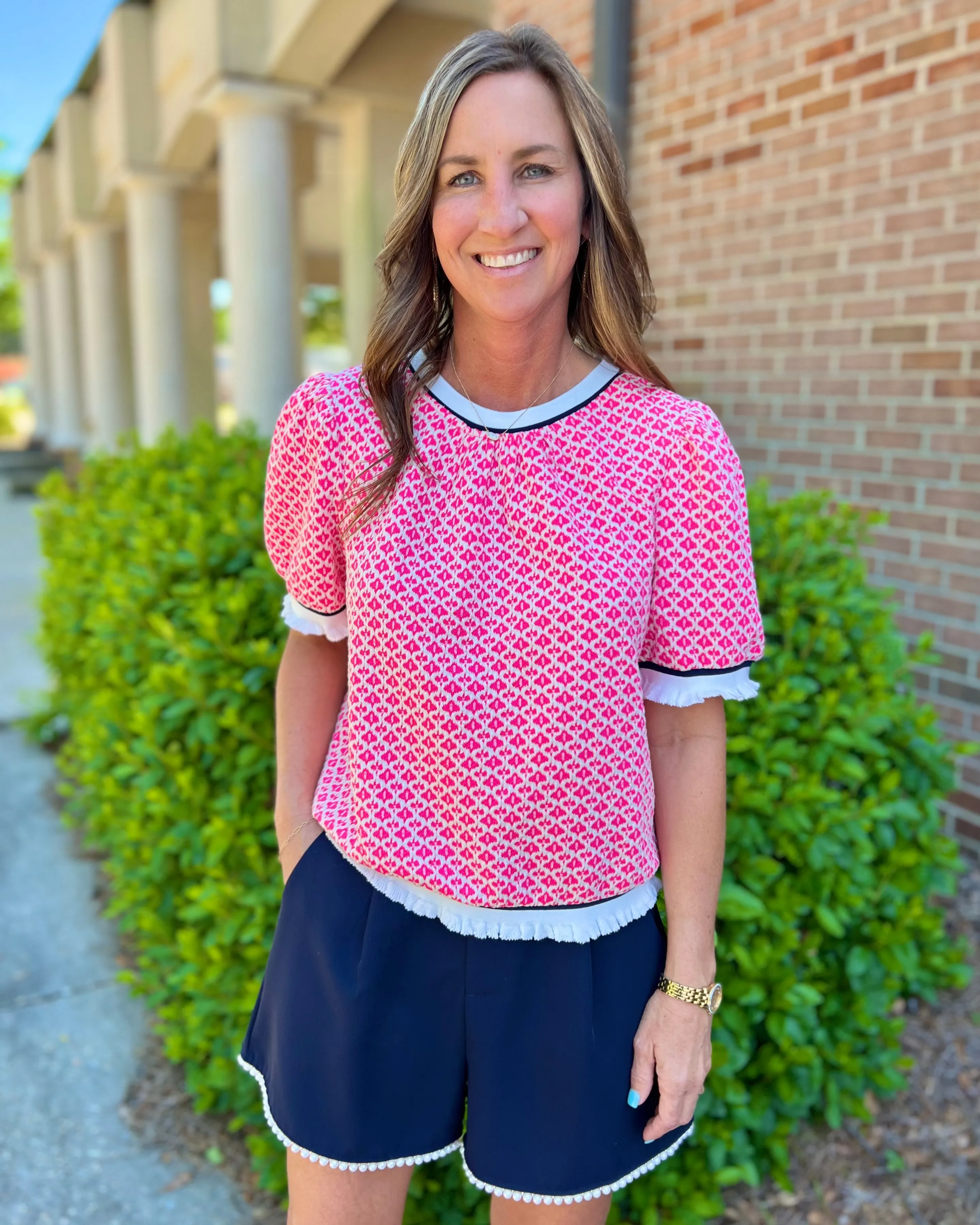 Pretty In Pink Bubble Sleeve Printed Knit Top
