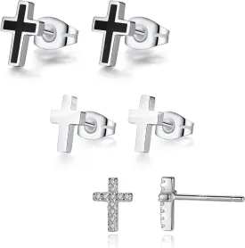 REVEMCN 925 Sterling Silver and Stainless Steel Cross Stud Earrings for Women Men, 3 Pairs