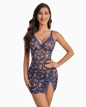 Sheer Lace Chemise Side Slit Nightgown