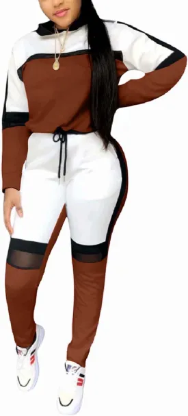 ThusFar Women's Casual Sweatsuit Two Piece Outfits Patchwork Net Color Block Pocket Hooded Top Pant Set Jogger Tracksuit