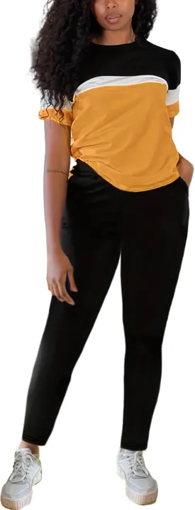 TOPONSKY Women Two Piece Outfits Short-Sleeve Long-Pant Sets With Pockets