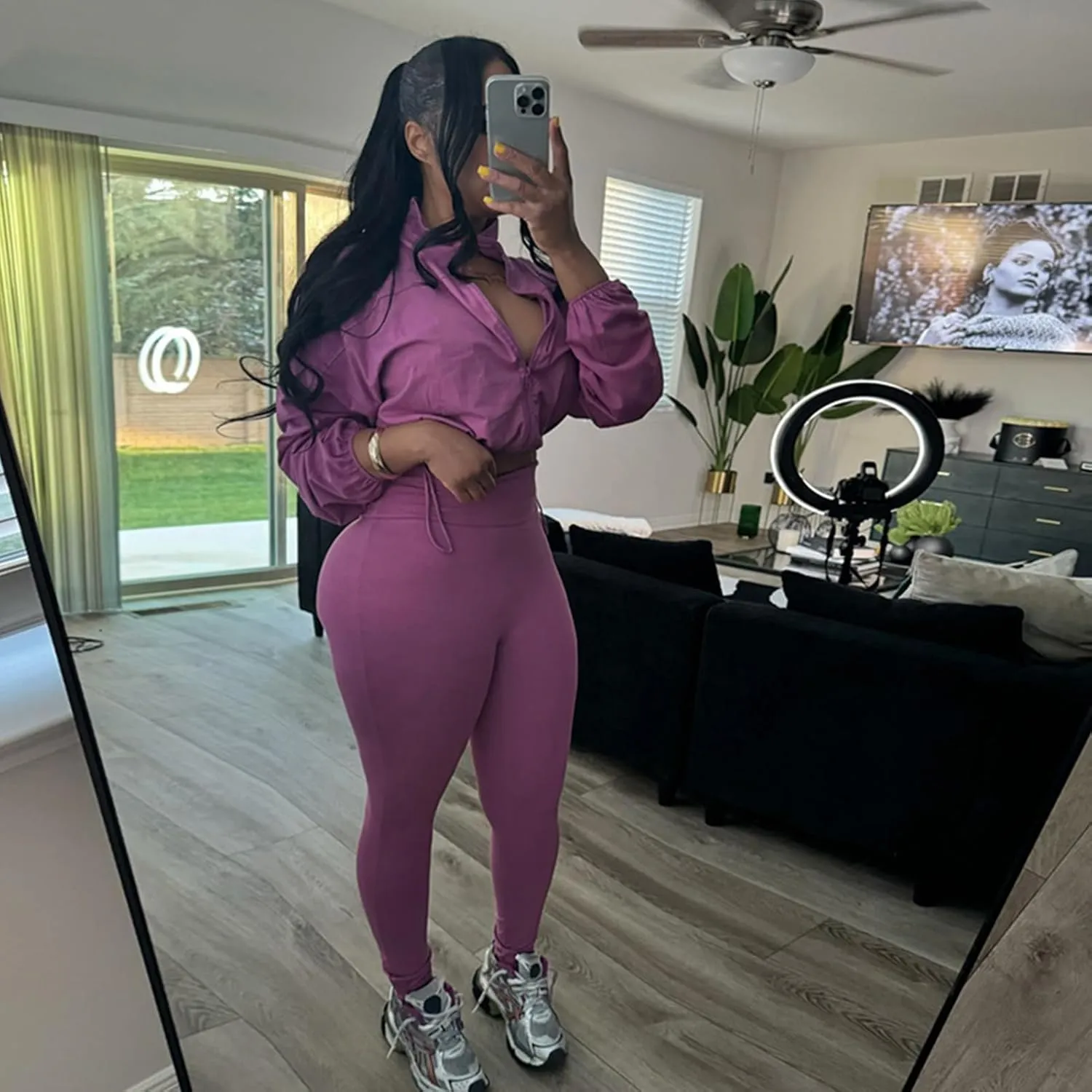 Uni Clau Women 2 Piece Outfits Tracksuit Drawstring Long Sleeve Zip Up Crop Jacket with Bodycon Pant Set Sweatsuit Clothes