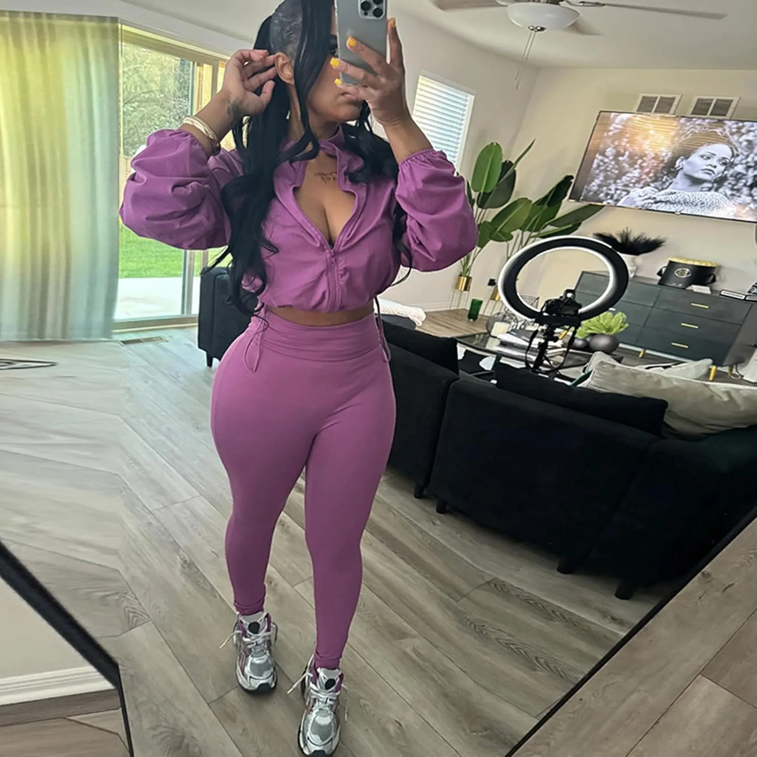 Uni Clau Women 2 Piece Outfits Tracksuit Drawstring Long Sleeve Zip Up Crop Jacket with Bodycon Pant Set Sweatsuit Clothes