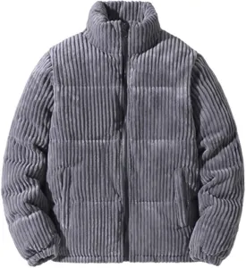 Verlas Mens Quilted Bubble Puffer Corduroy Jacket Mock Neck Zip Up Long Sleeve Winter Bomber Coat Fall Ribbed Tops Outerwear