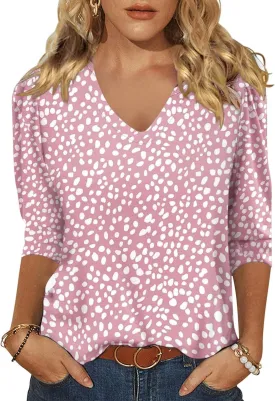 Womens 3/4 Sleeve V Neck T-Shirts Floral Printed Cute Tunic Tops Casual Basic Top Pullover