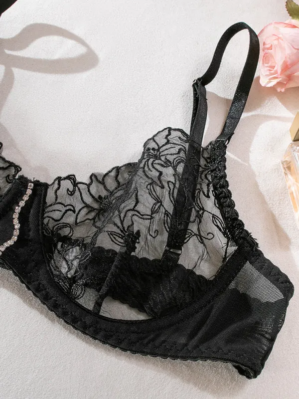 Women's Three Piece Lace Lingerie Set With Jewel Detailing