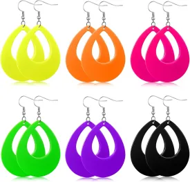 Yinkin 6 Pairs 80s 90s Neon Earrings for Women Retro Oval Geometry Star Circular Drop Pendant Acrylic Dangle Earrings for 80S Costume Outfits Dancing Glow Party Accessory